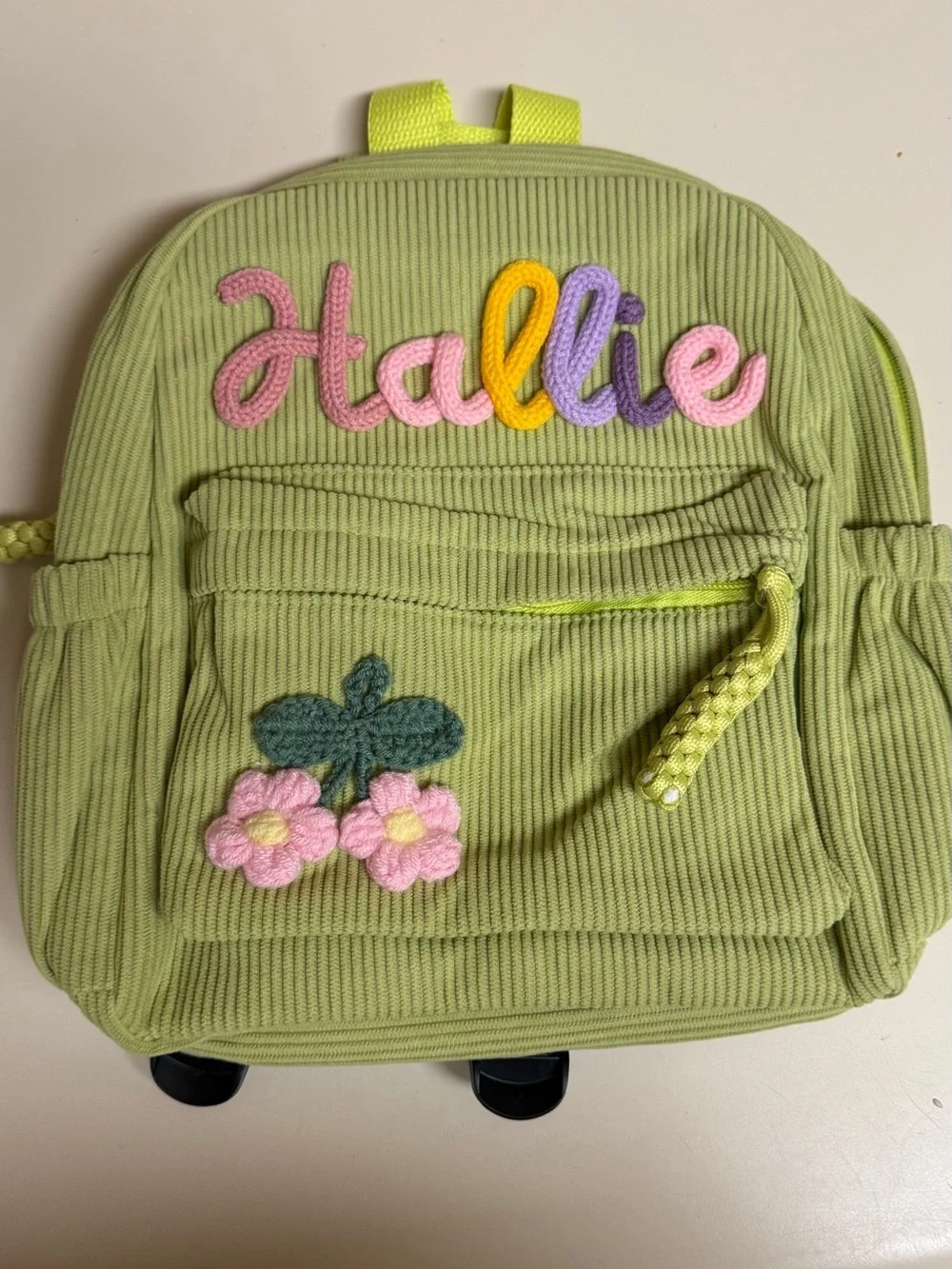 Personalized 'Hallie' Toddler Backpack in Light Green with Pink Floral Applique
